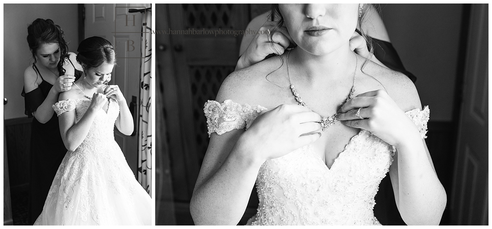 Oglebay Haller Shelter Wedding Bride Putting on Necklace
