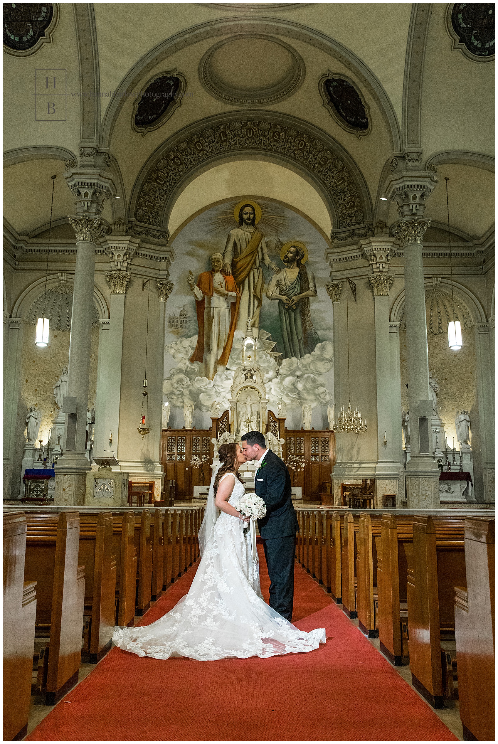 St. Peter Catholic Church Wedding Bride and Groom in Aisle