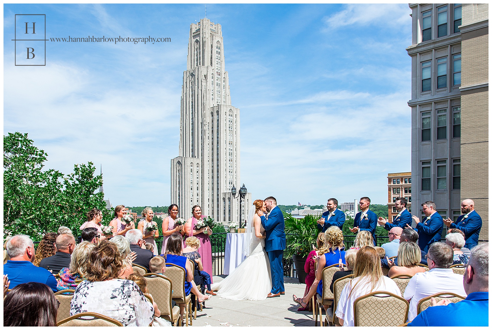 Bride and Groom First Kiss on University Club's Terrace in Pittsburgh