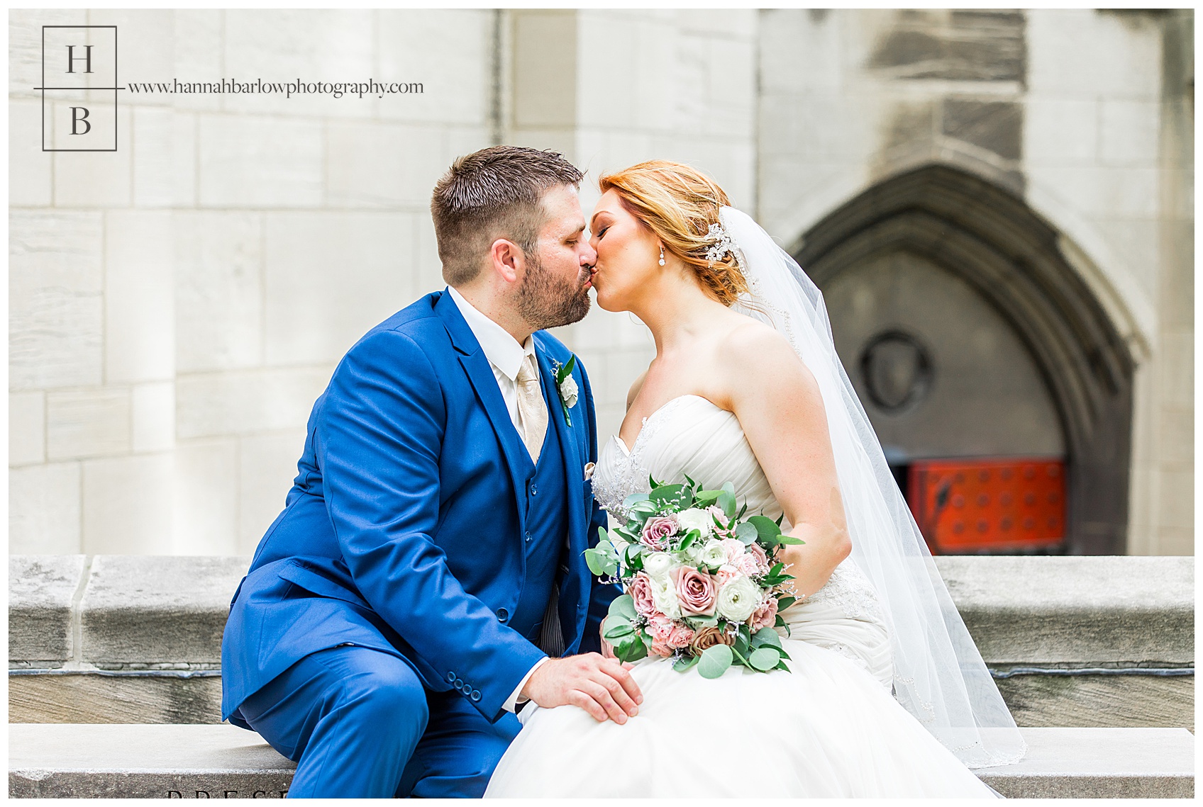 Cathedral of Learning Bride and Groom Kissing on Bench Photo