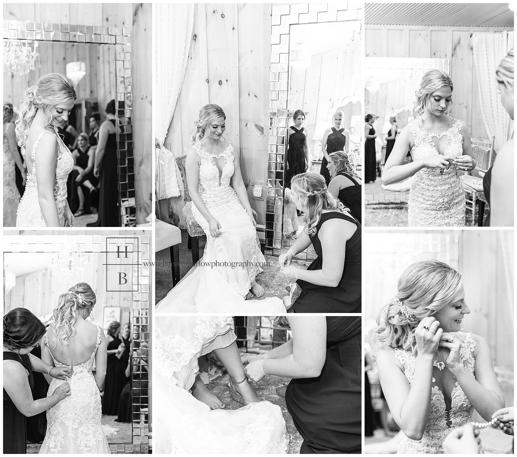 Black and White Photos of Bride Getting Ready at The Barn on Enchanted Acres