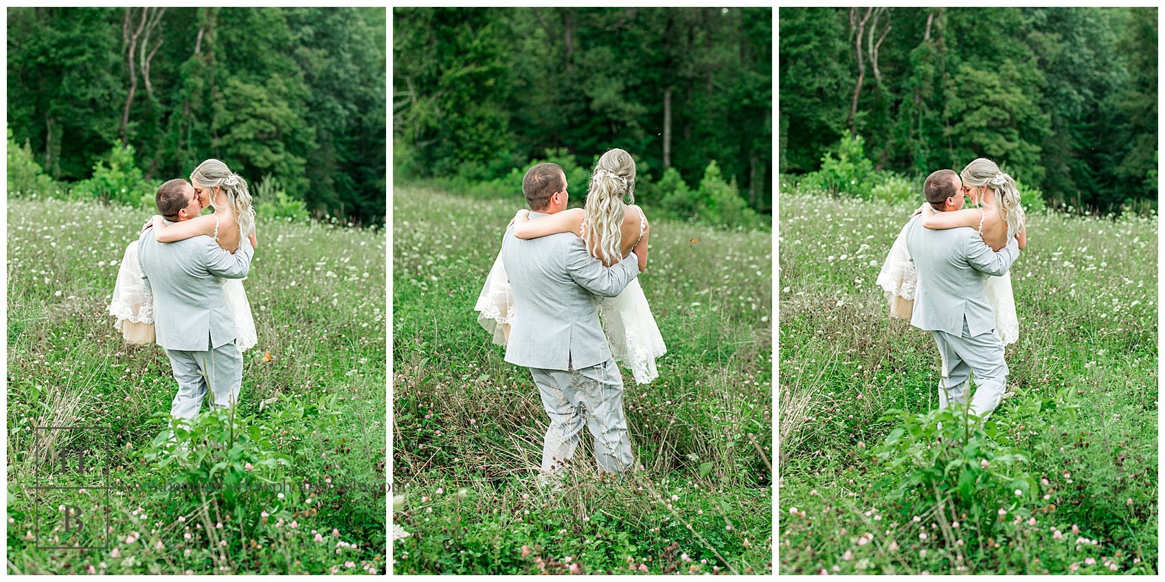 Groom Carrying Bride Through Field at The Barn on Enchanted Acres