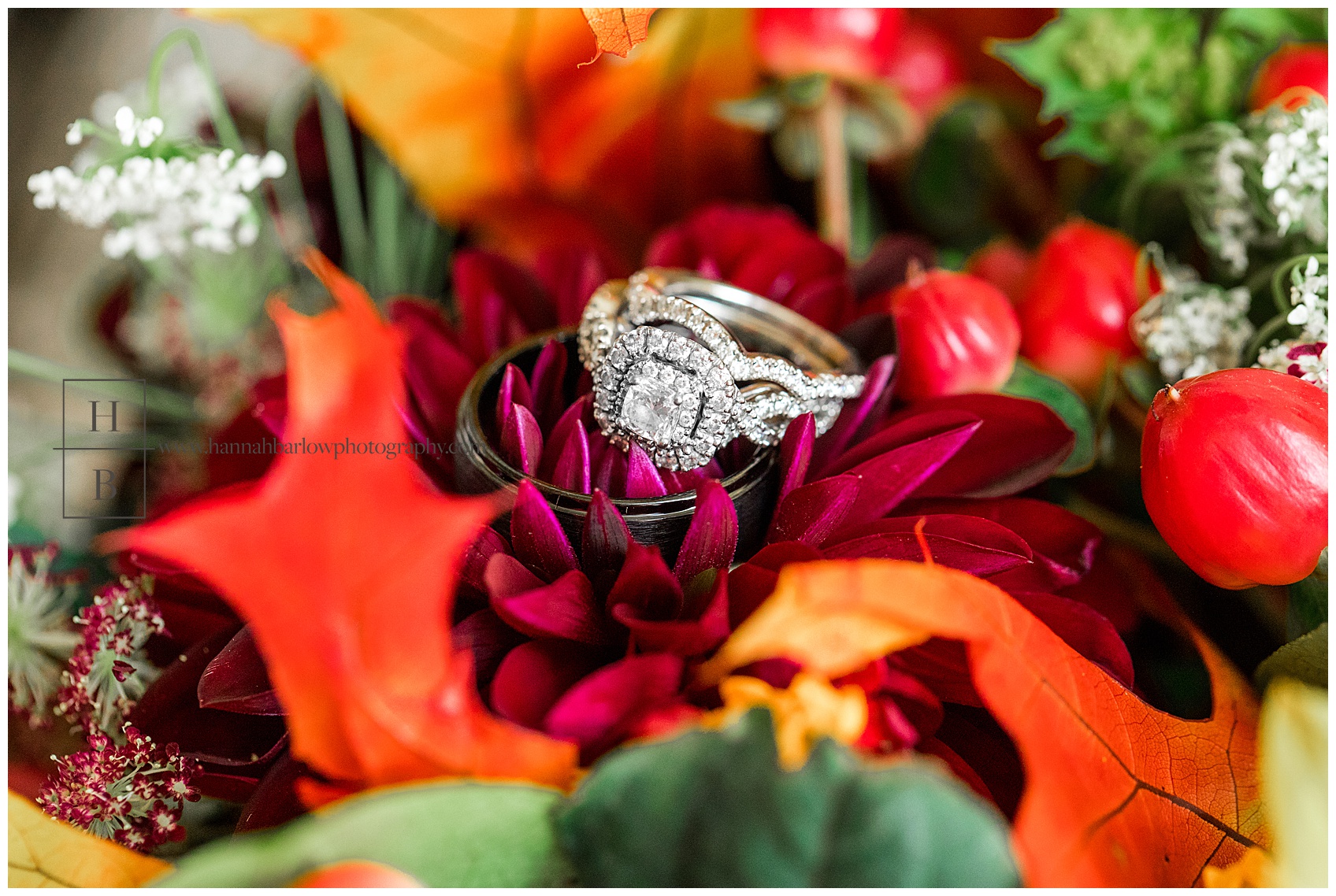 Wedding Rings displayed in Rustic Wedding Bouquet
