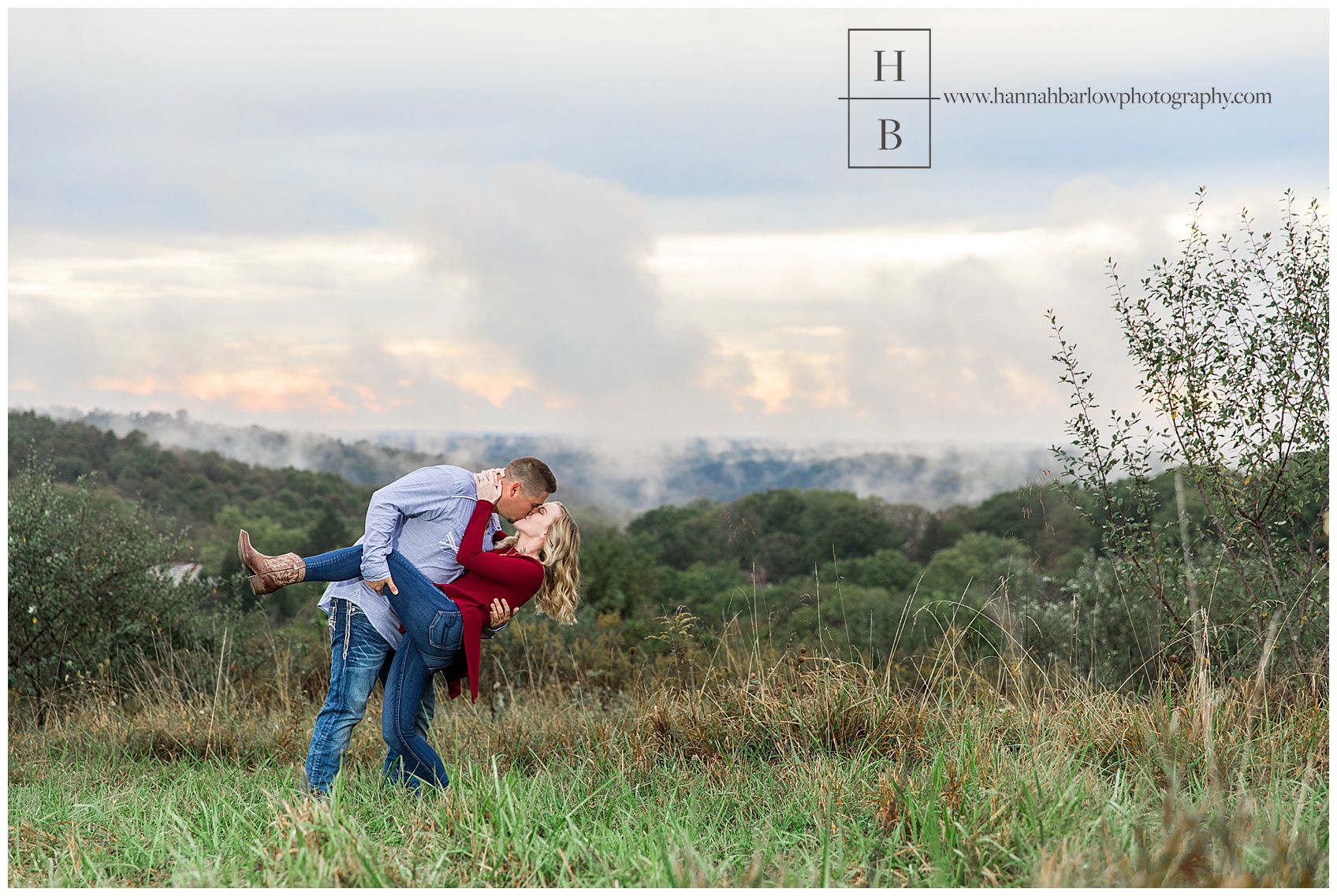 Couple Dipping in Field for Engagement Photos