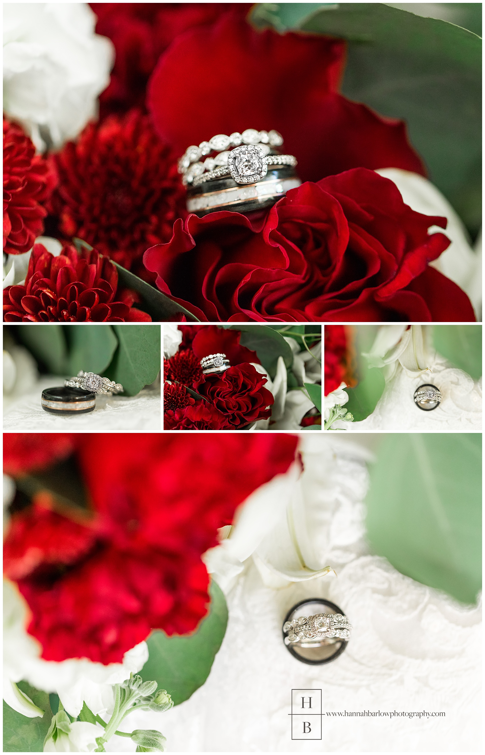 Wedding Ring Photos White and Red Flowers