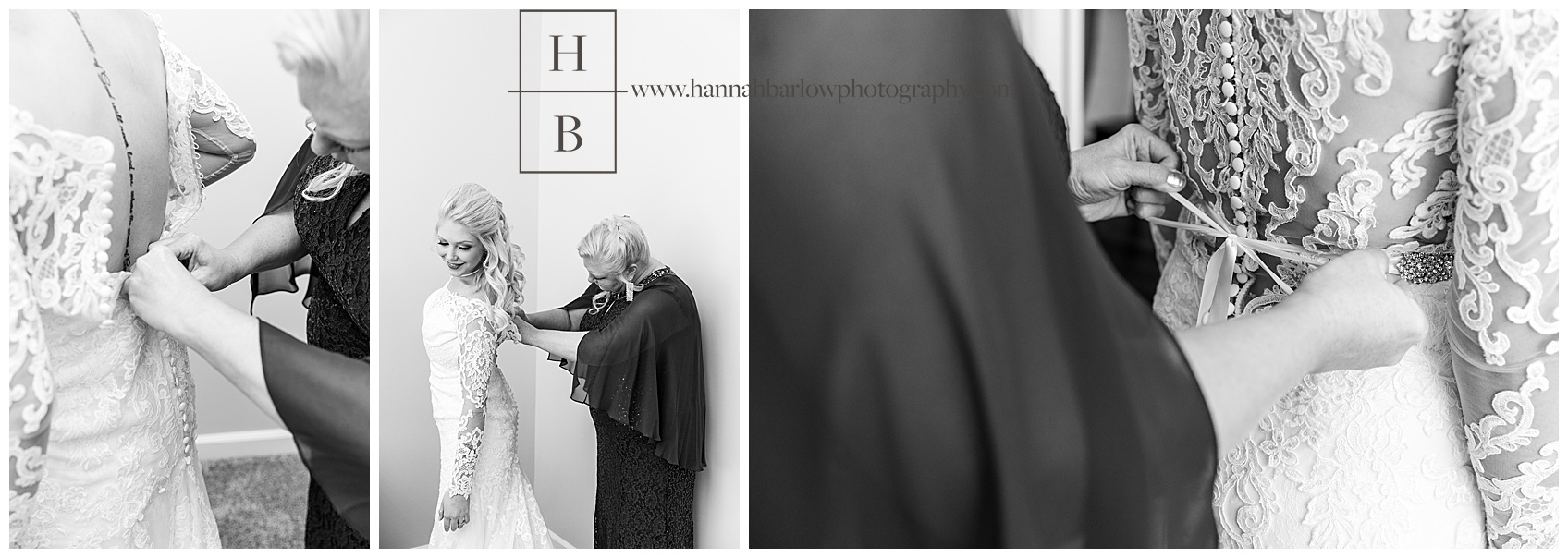 Black and White Photos of Bride Getting Dress Buttoned