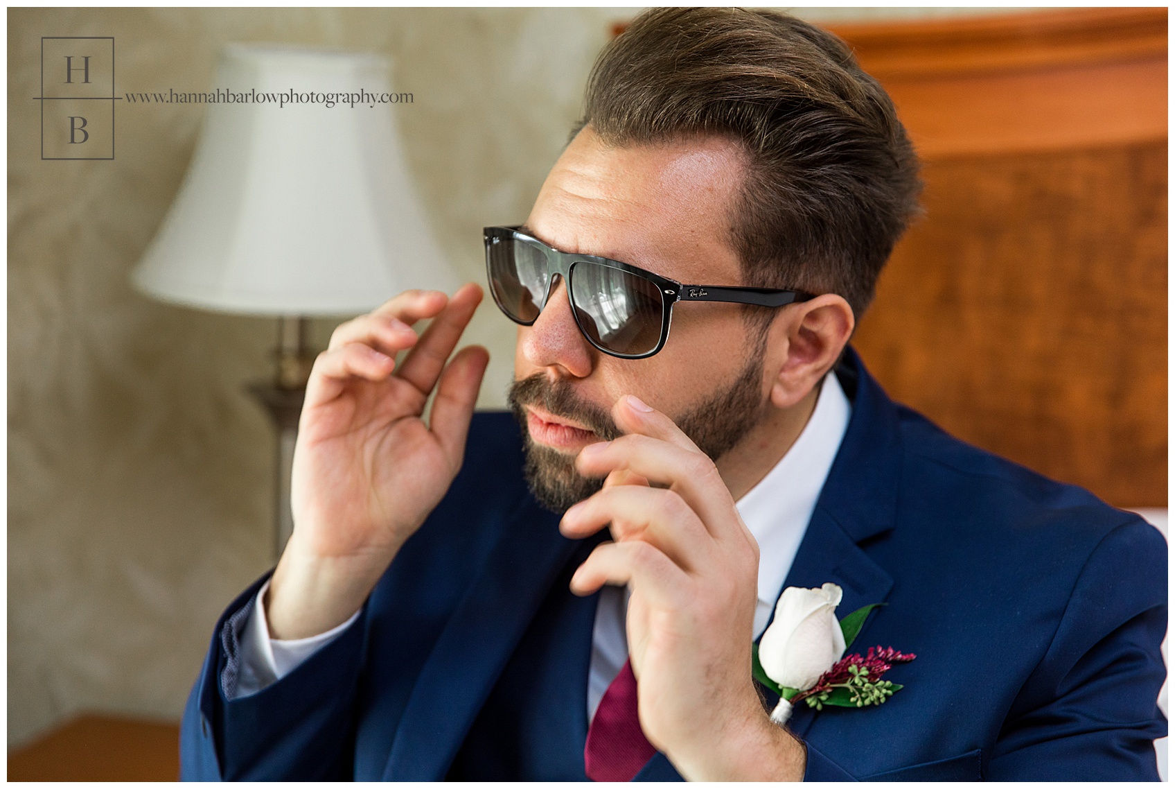 Groom Trying on Sunglasses at Oglebay Sunday Wedding