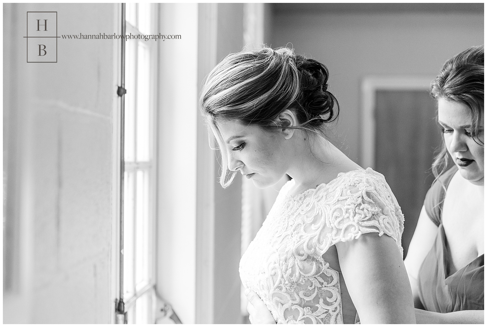 Black and White Wedding Photo of Bride by Window