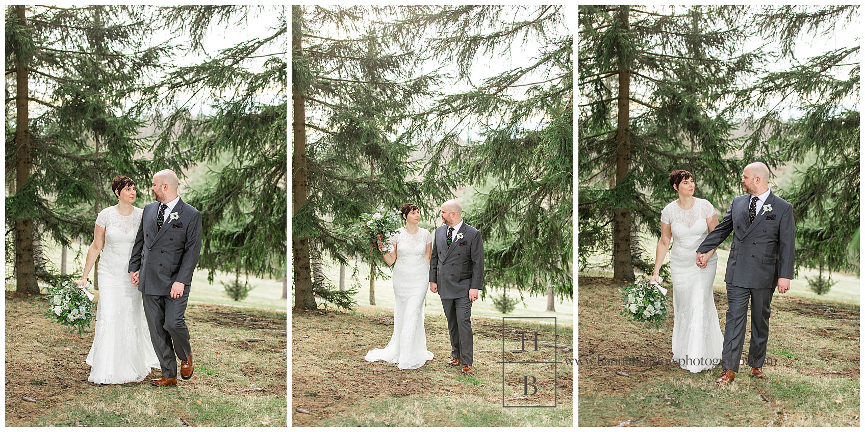 Bride and Groom Walking in Oglebay Evergreens
