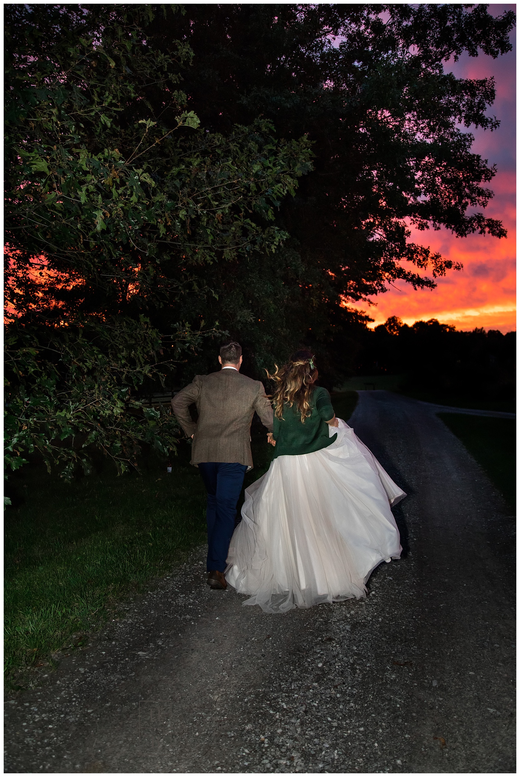 Wedding Couple Running Off into The Sunset