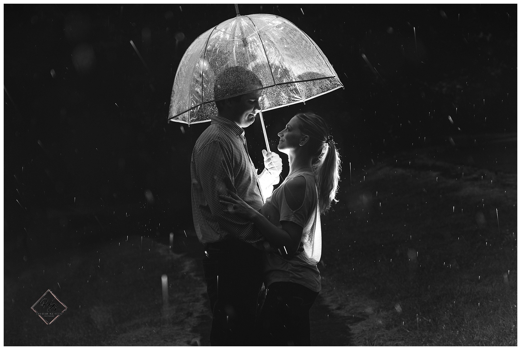 Black and White Rainy Engagement Photo