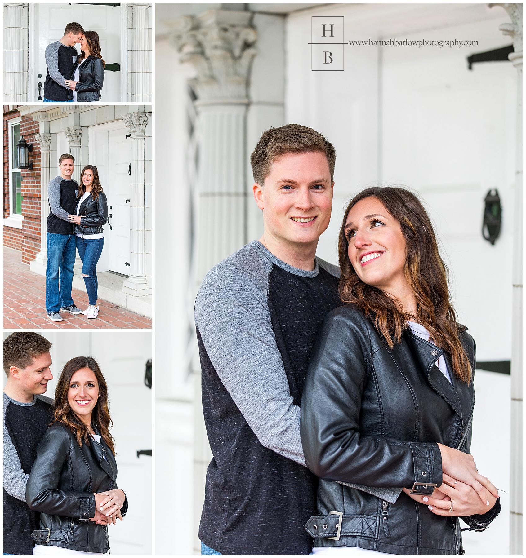 Couple Engagement Photos Black and White Outfits by White Door