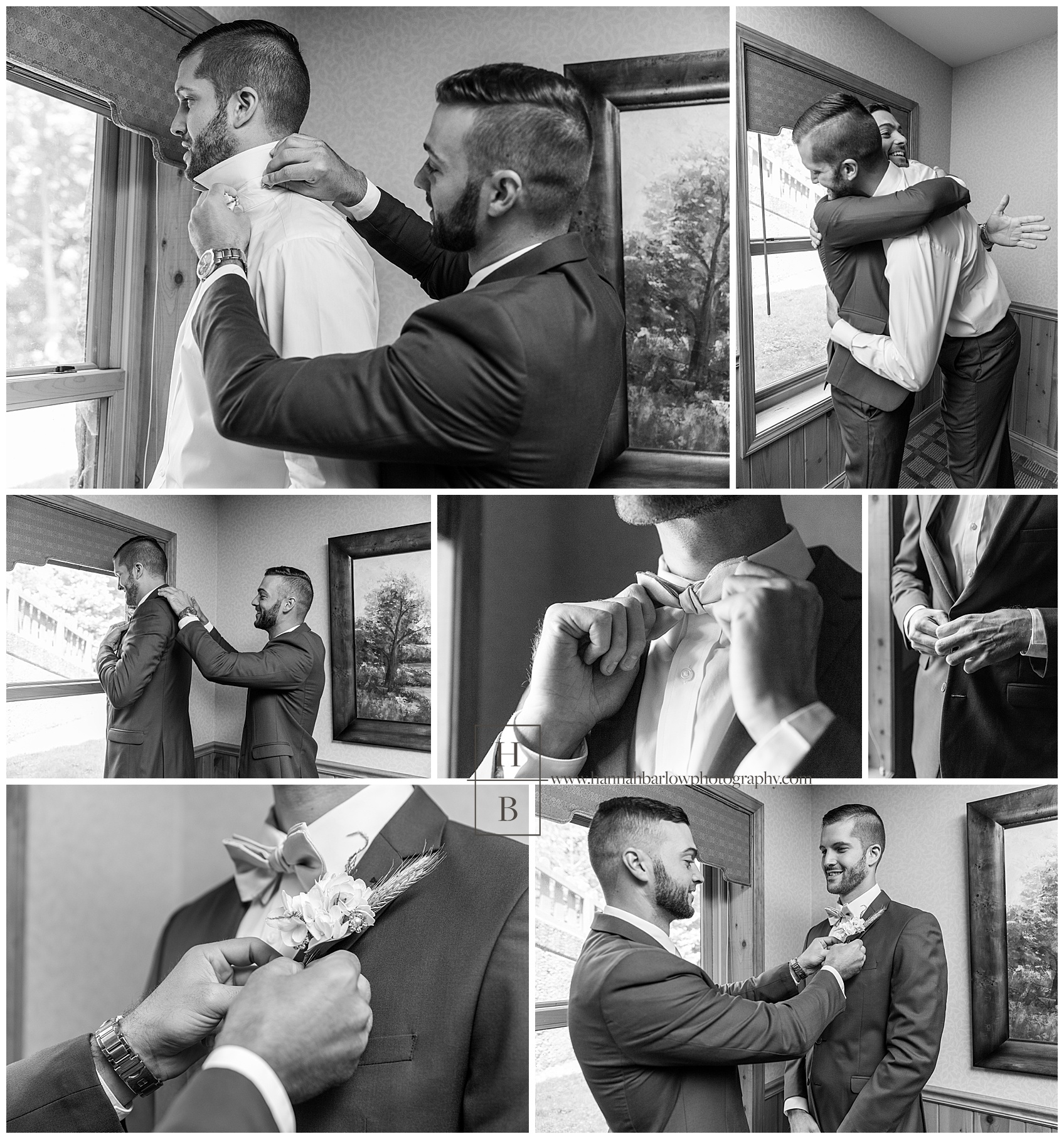 Groom Getting Ready in Oglebay Cabins Black and White Photos