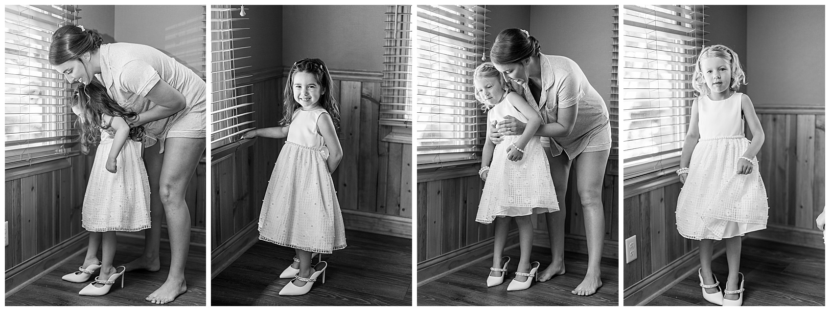 Black and White Photos of Flower Girls in Bride's Shoes