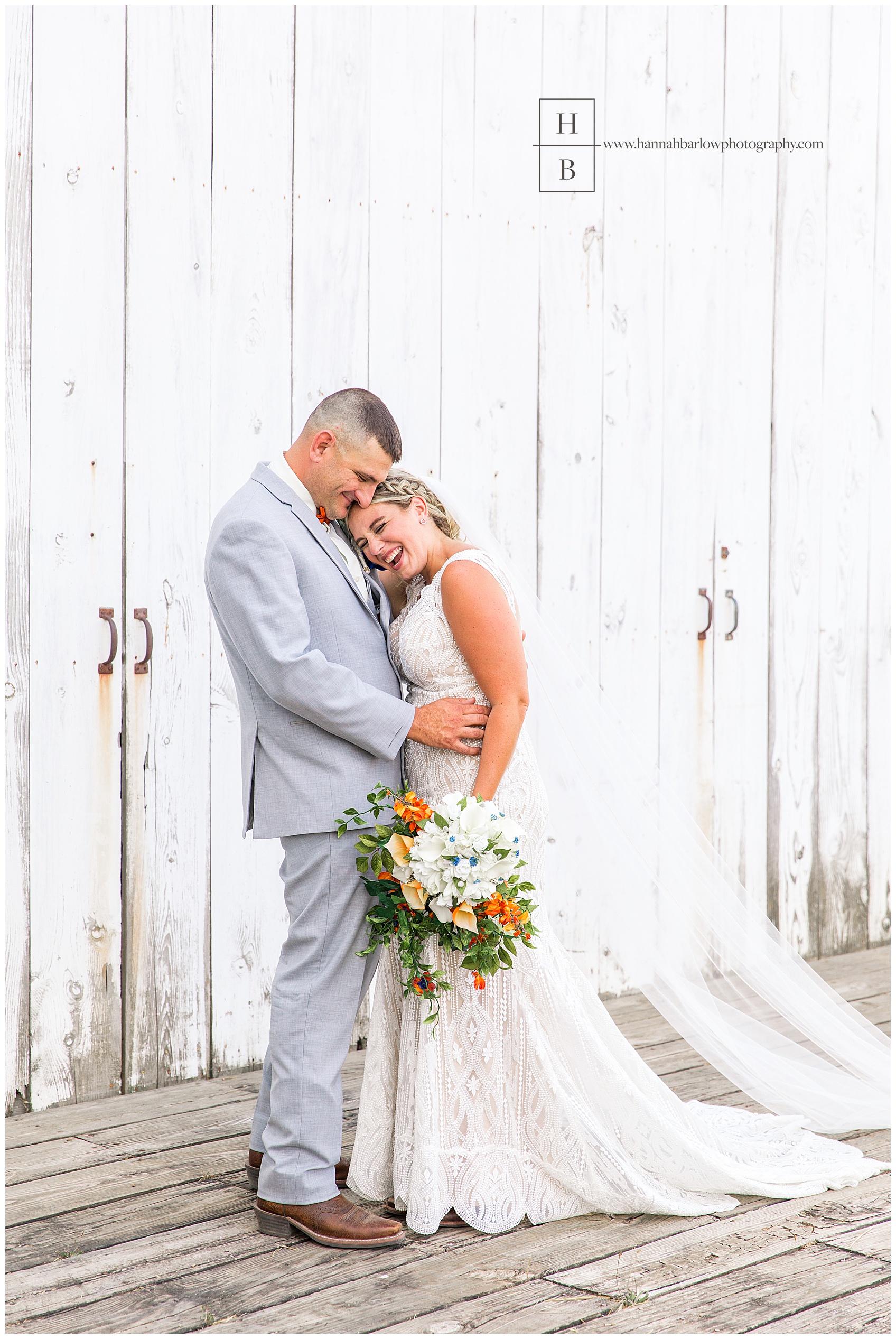 Renshaw Farms Wedding Bride and Groom Photos in Front of White Barn