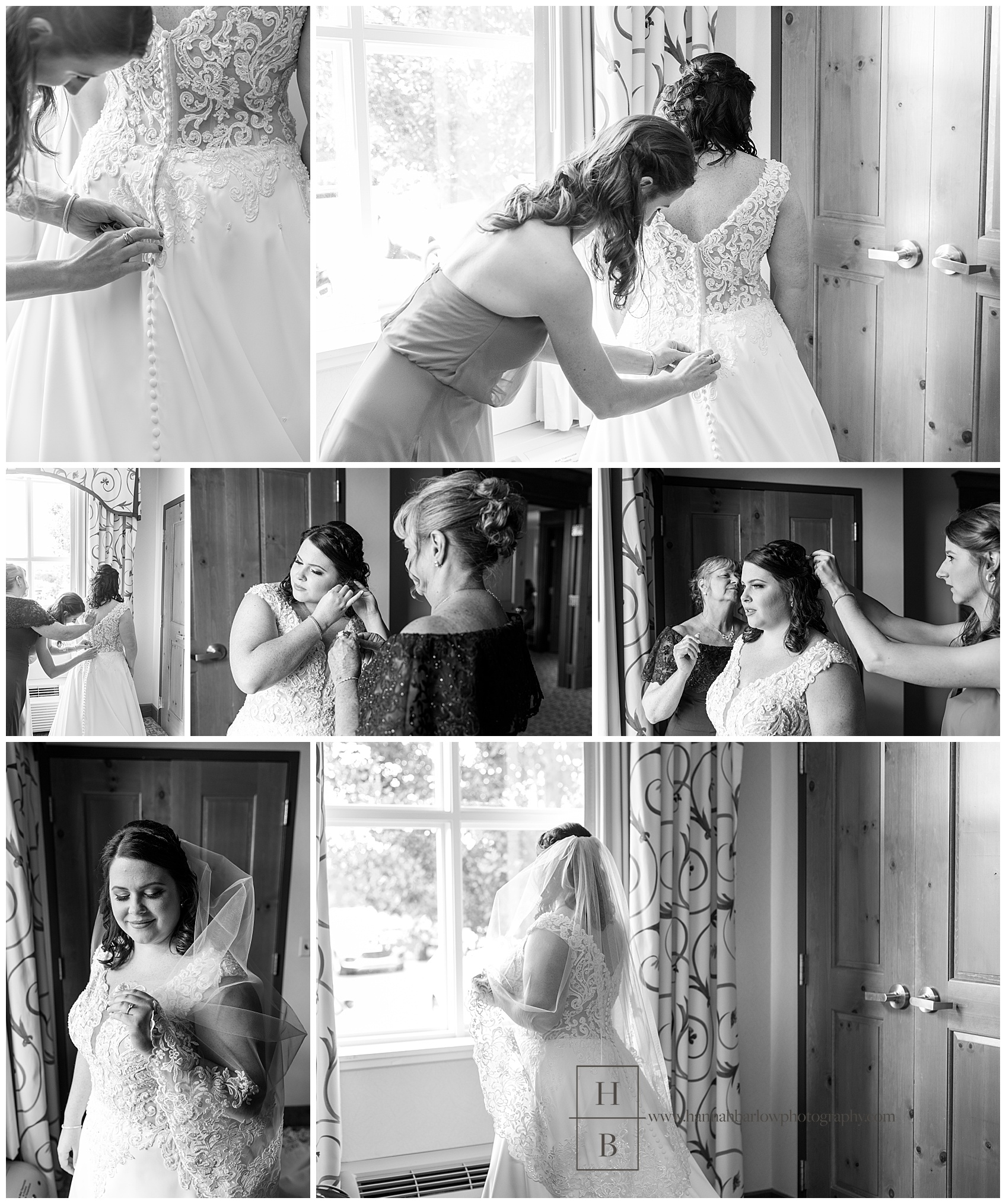 Black and White Photos of Bride Getting Dresses by Window at Oglebay
