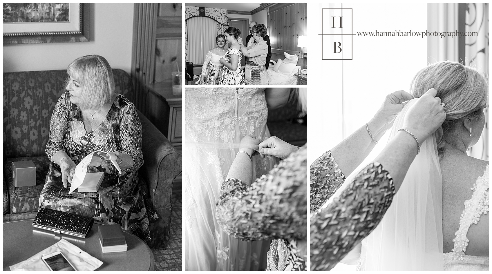 Black and White Photos of Bride and Mom Getting Ready for Oglebay Elopement