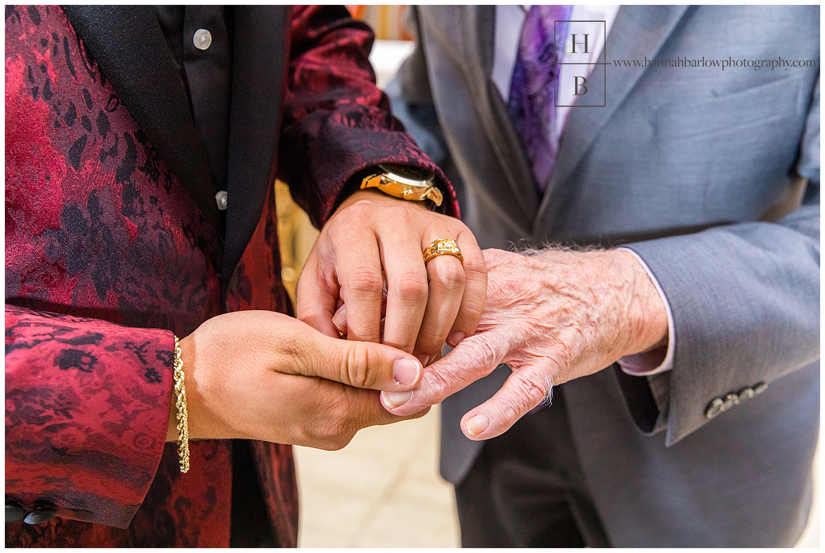 Groom Holding Grandfather's Hand while Wearing Grandfather's Ring