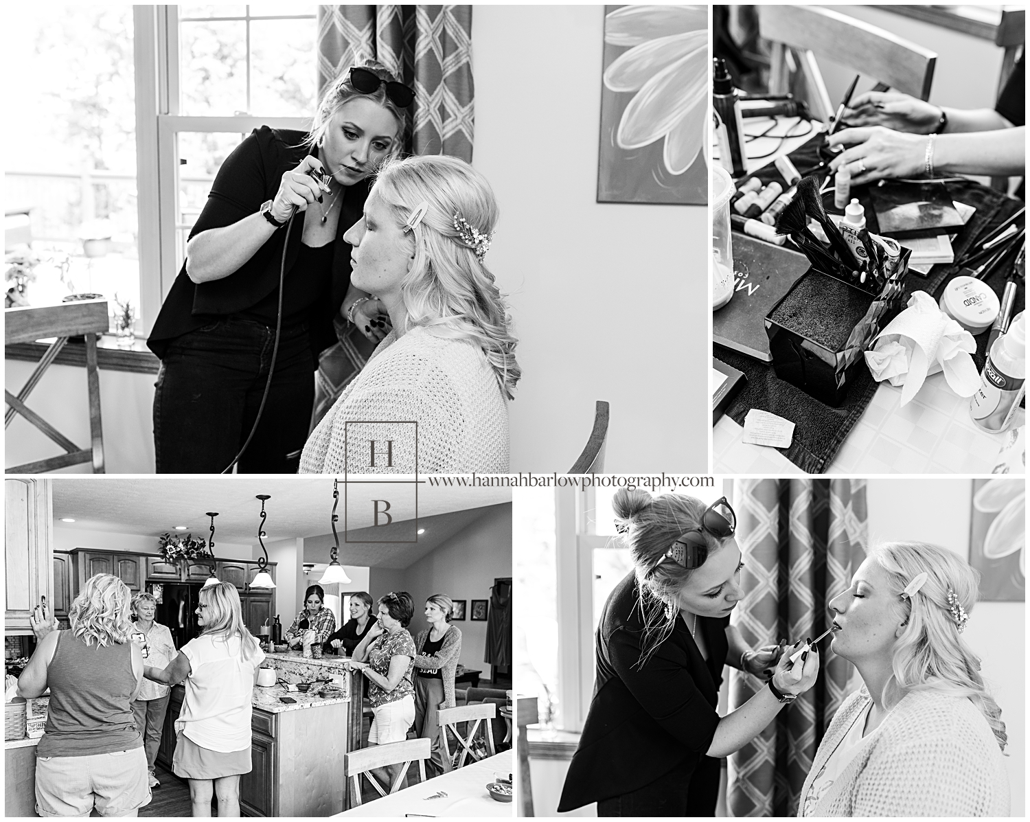 Black and white photos of bride getting makeup done