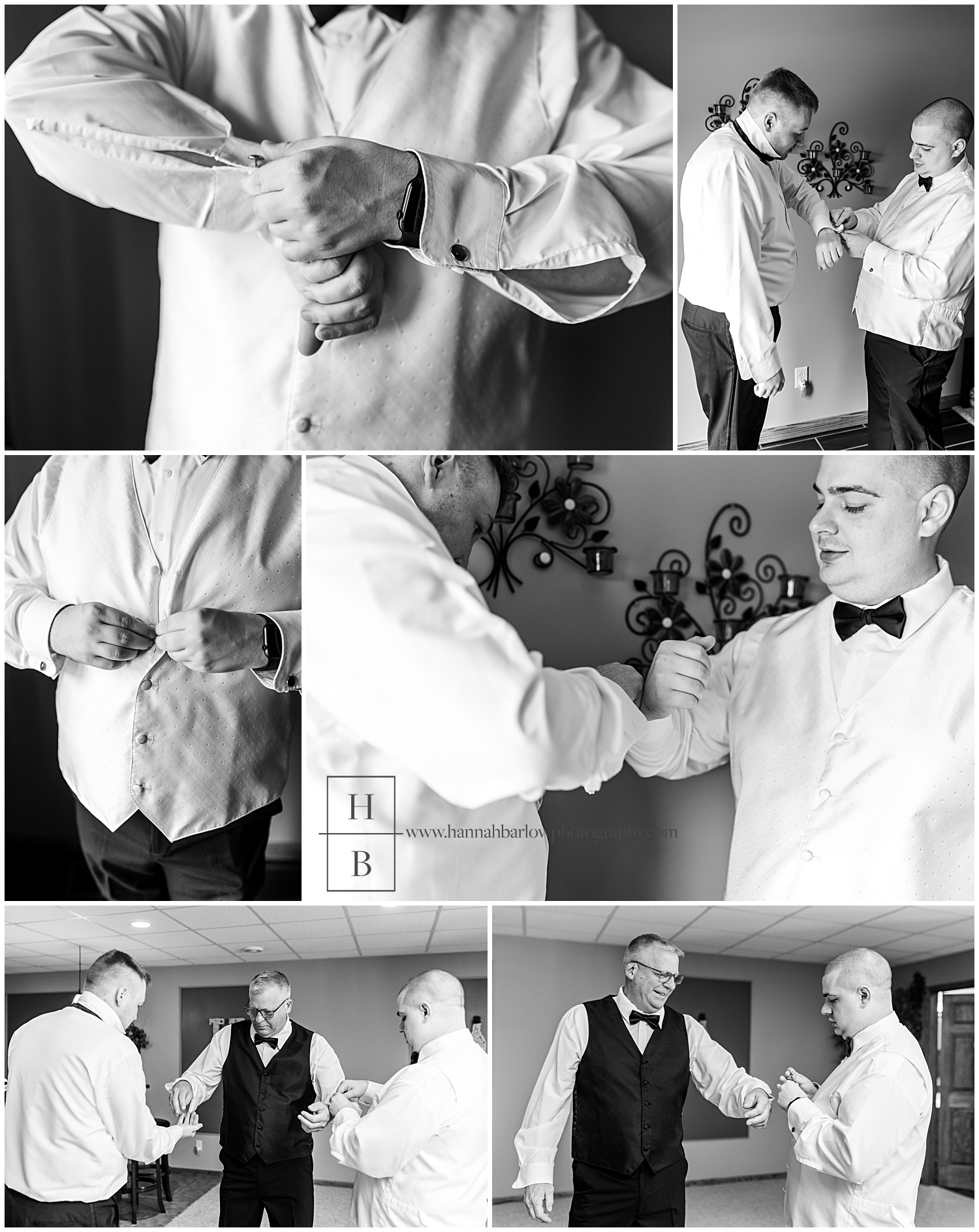 Black and white photos of groom getting ready