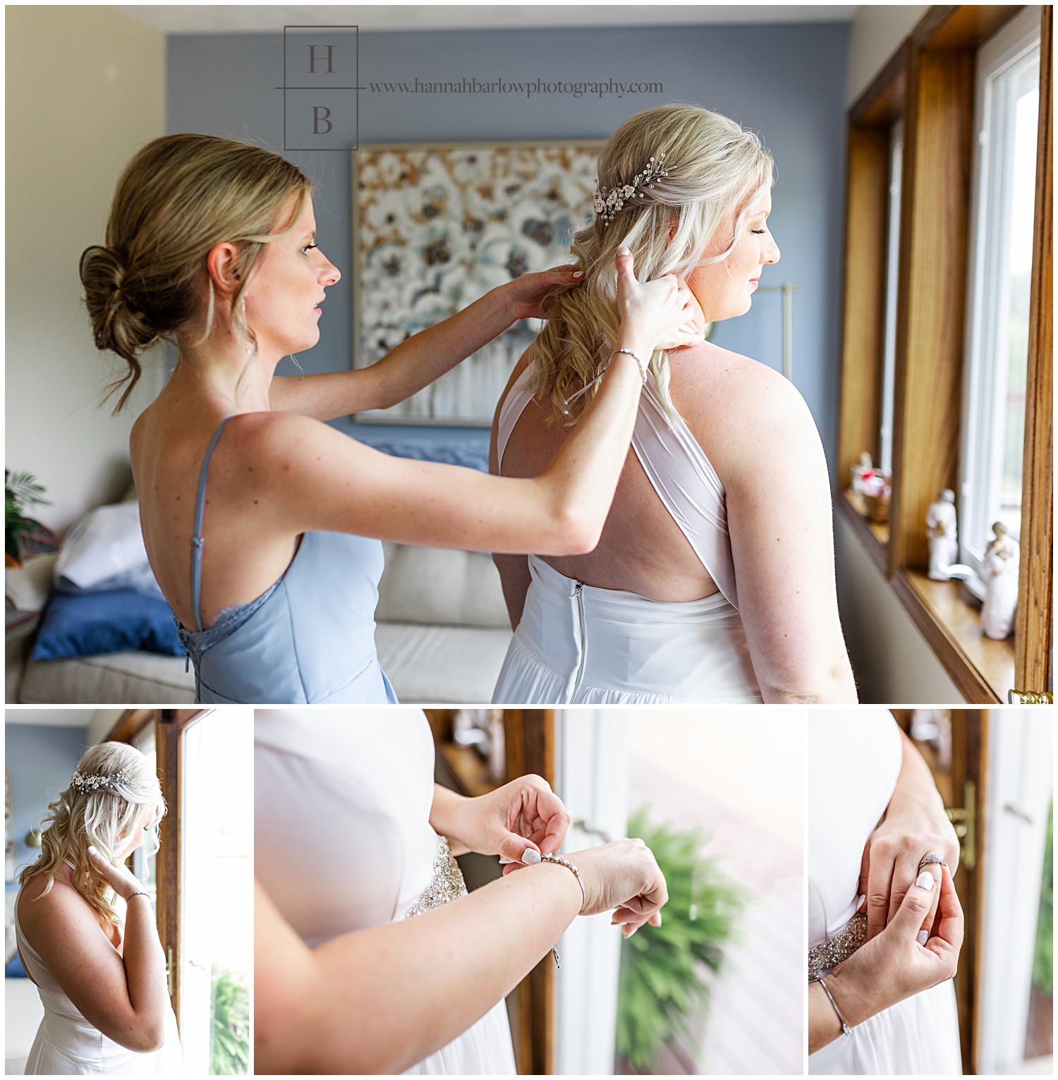 Twin sister helping bride get ready