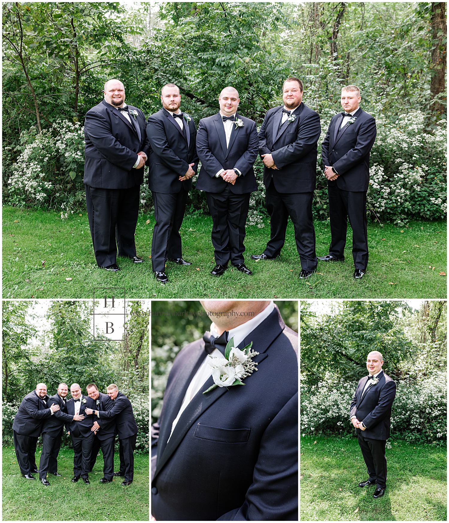 Groom and Groomsmen in black tuxes pose for photo