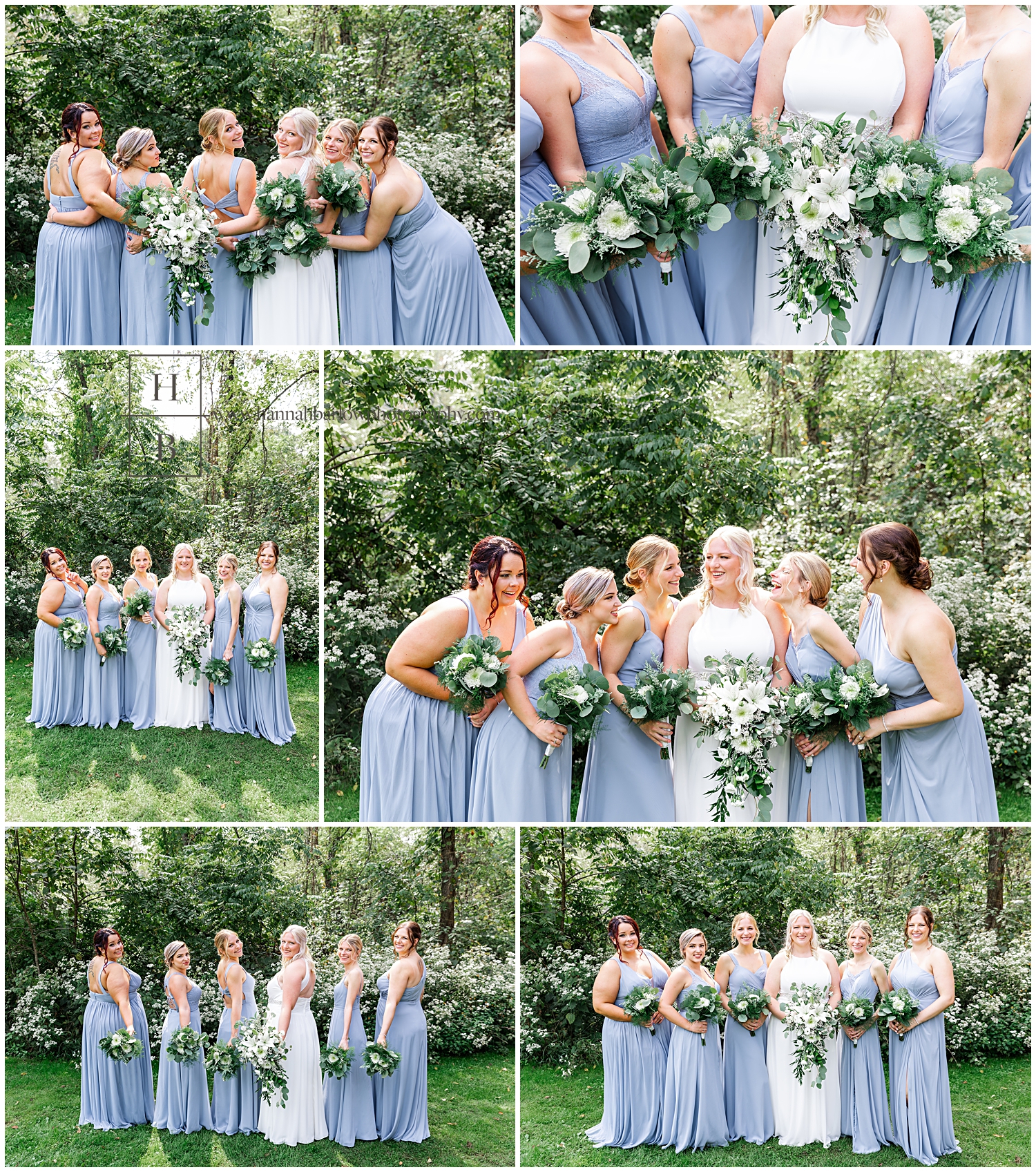 Bridesmaids in pale blue dresses pose for wedding photos