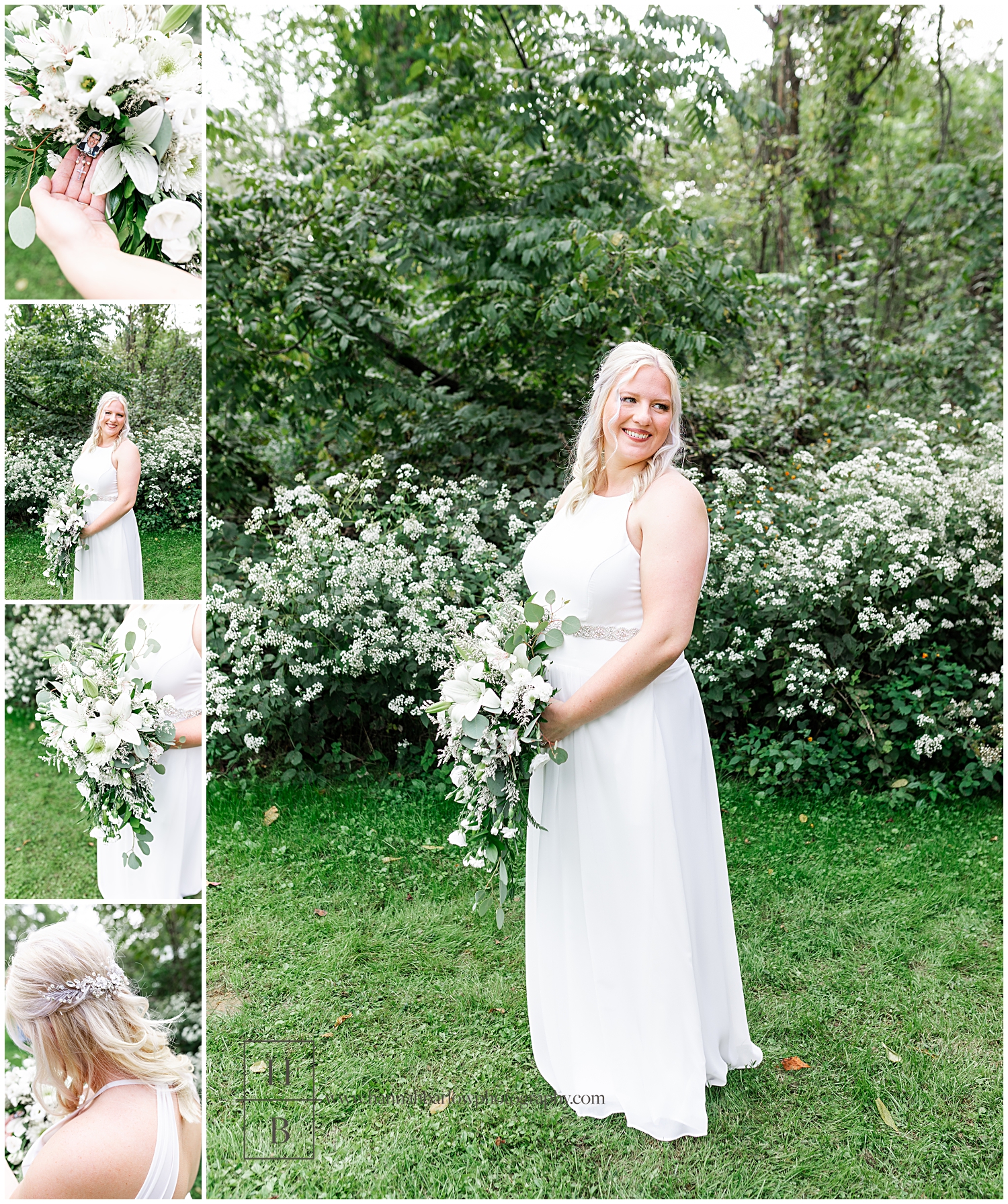 Bride poses for wedding photos by Queen Anne's Lace Flowers