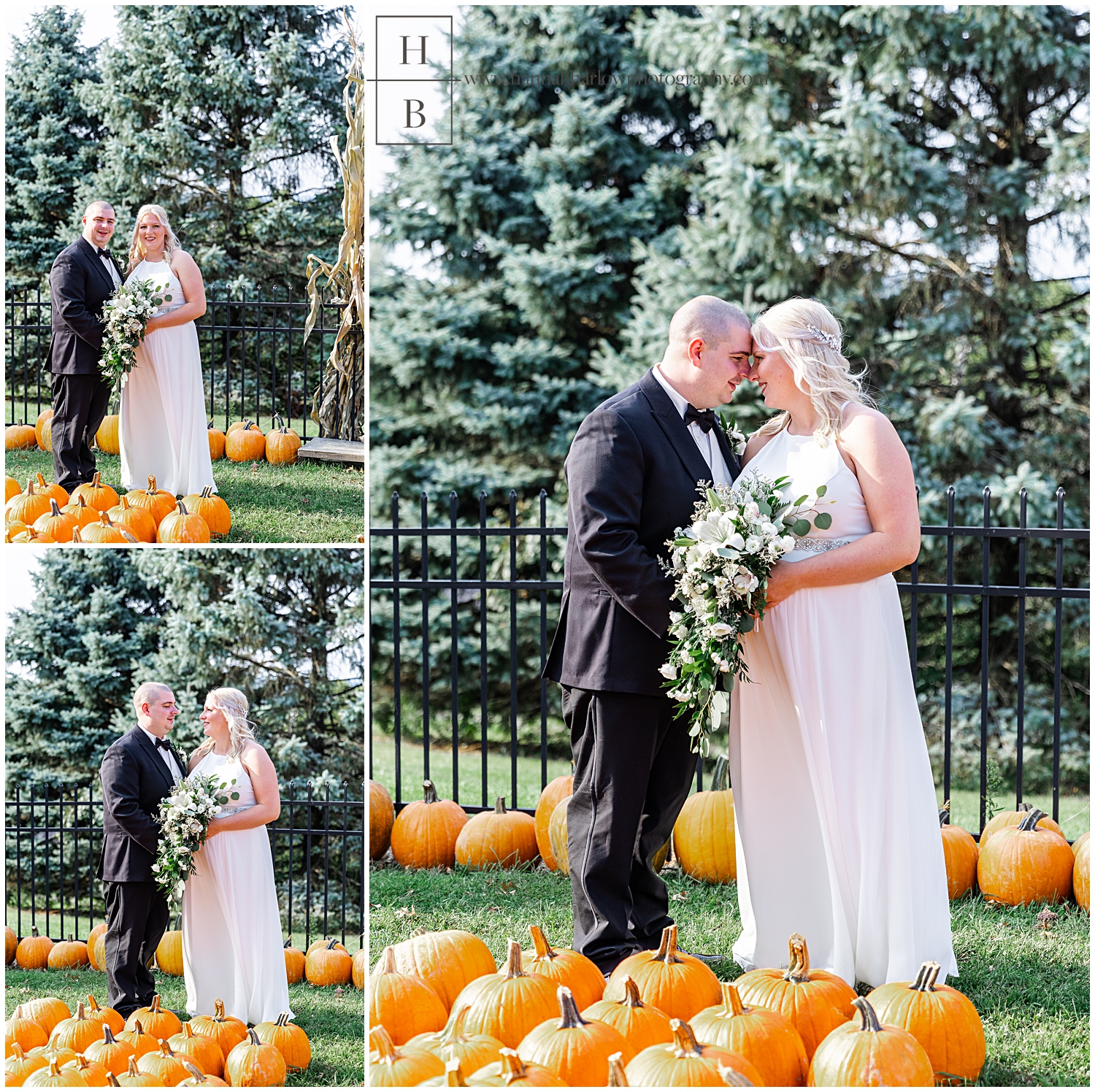 Bride and Groom Standing in Pumpkin Patch