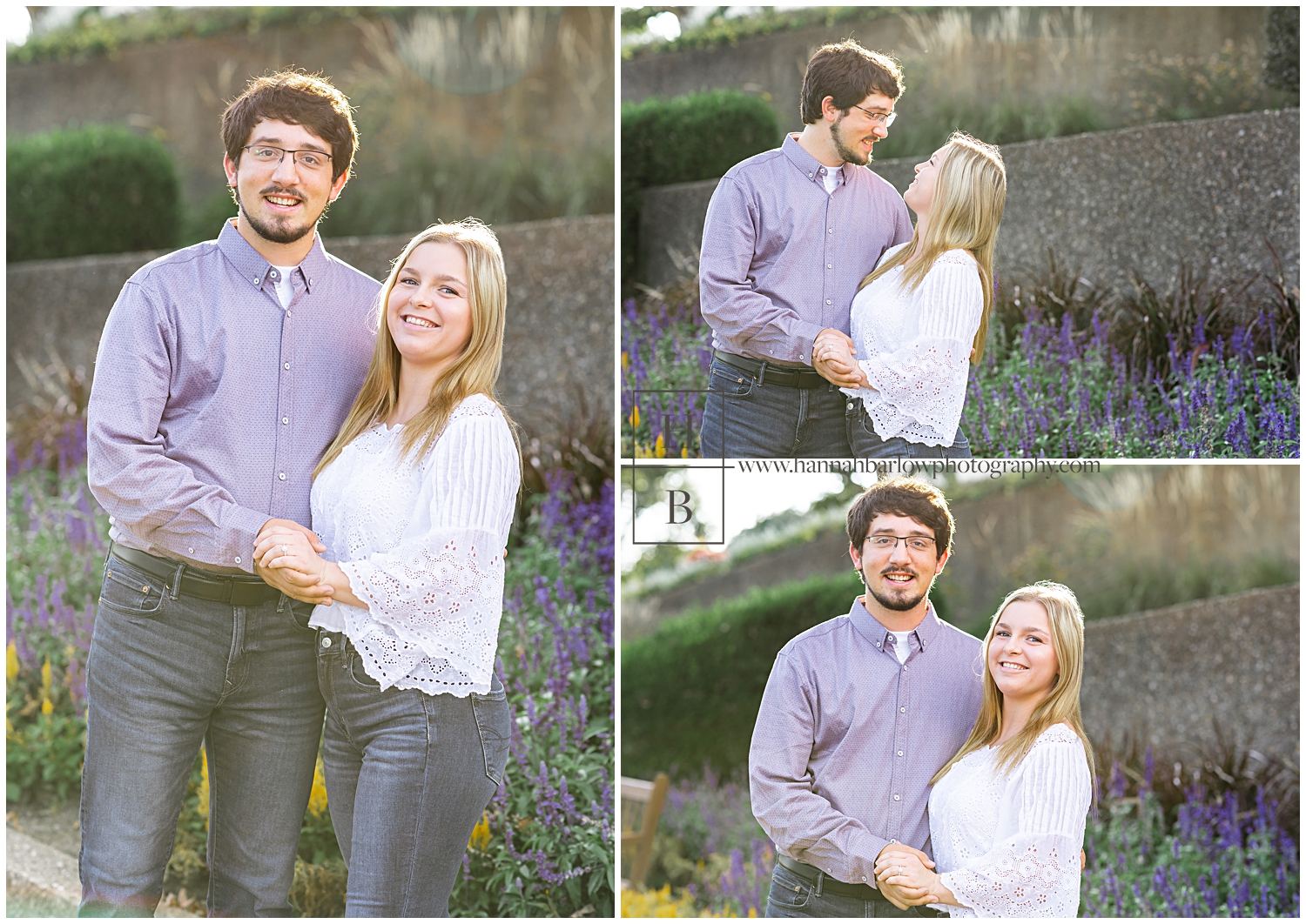 Couple standing in front of purple flowers with sunny glow around them.