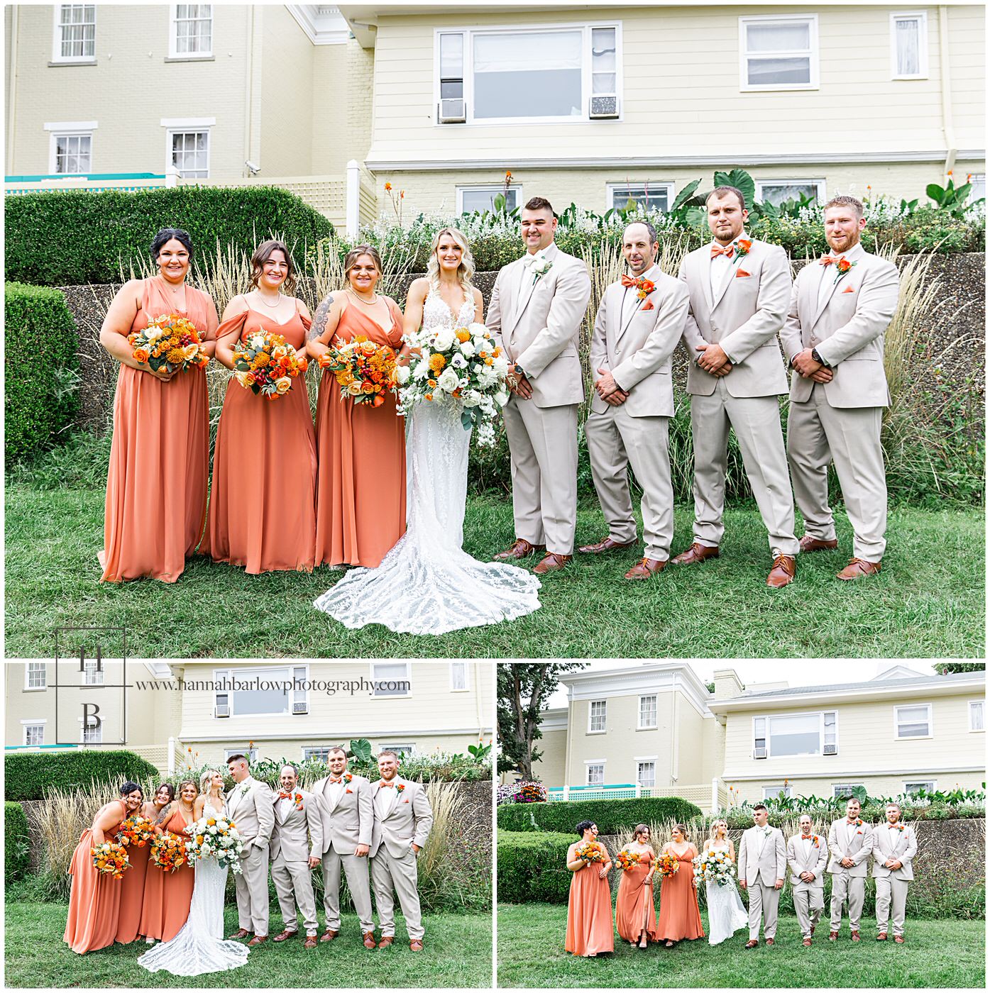 Tan and Orange Bridal Party Photos Behind Oglebay's Mansion 