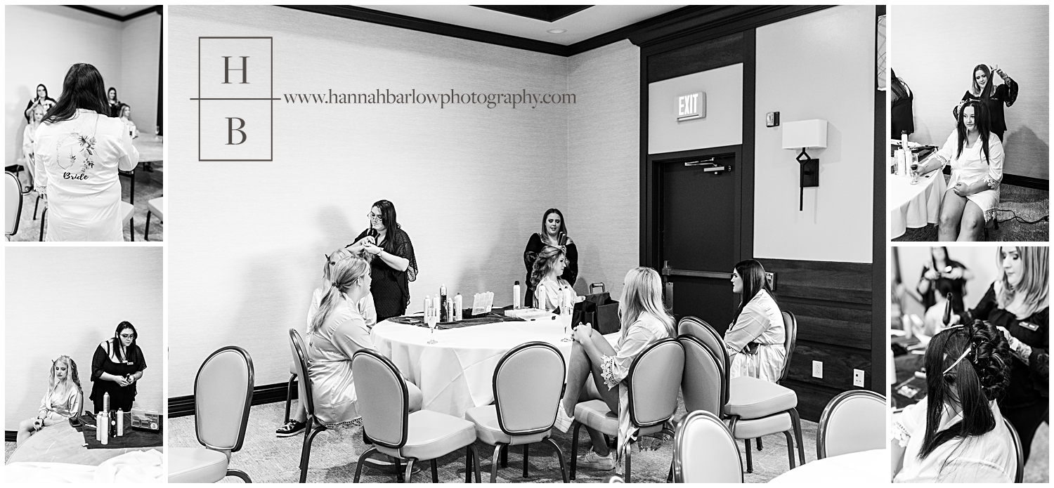 Black and White Photos of Bride and Bridesmaids Getting Ready