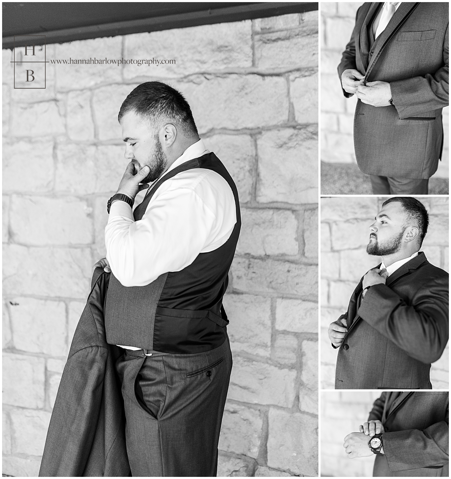 Black and white photos of groom getting dressed