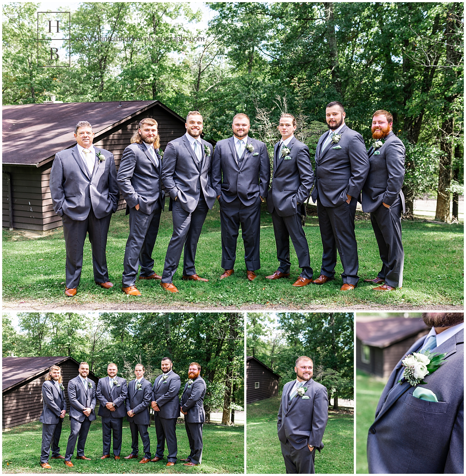  Groom and Groomsmen posing for wedding photos by cabin and forest