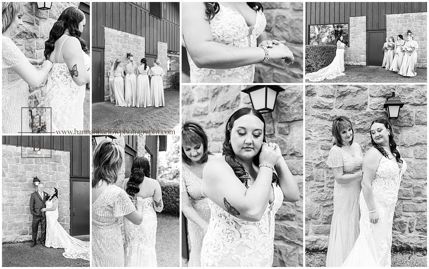 Black and White collage of bride getting ready and first look moments