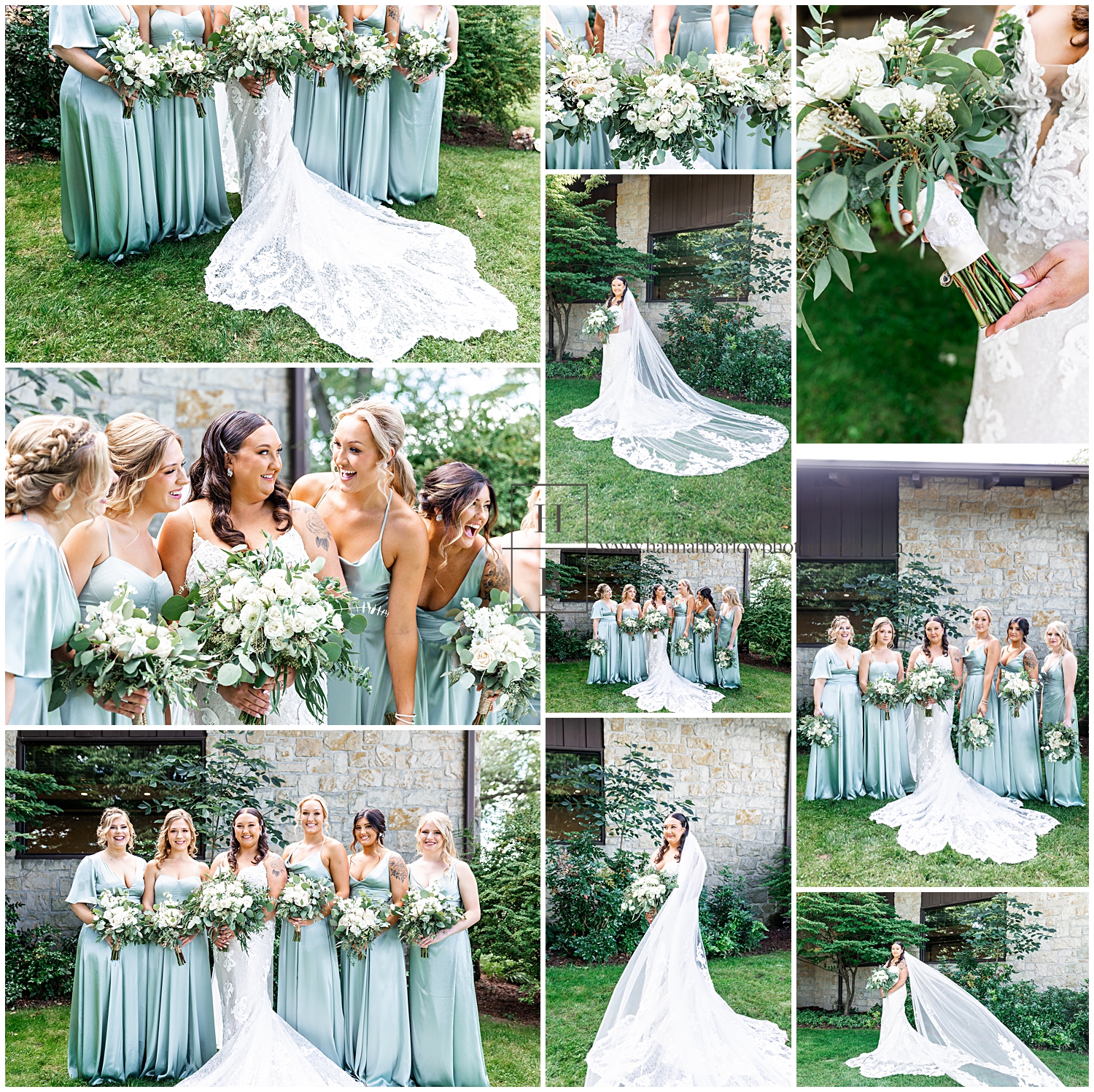 Bridesmaids in Sage Green Silk Dresses Posing with Bride