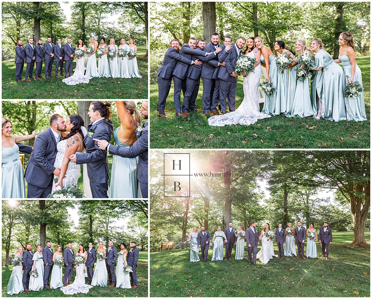 Bridal Party Photos in Forest with Sunlight Behind