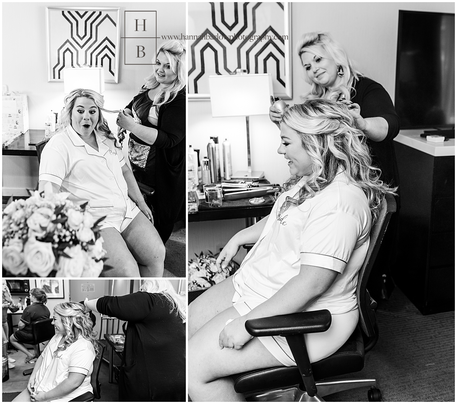 Black and white image collage of bride getting hair done