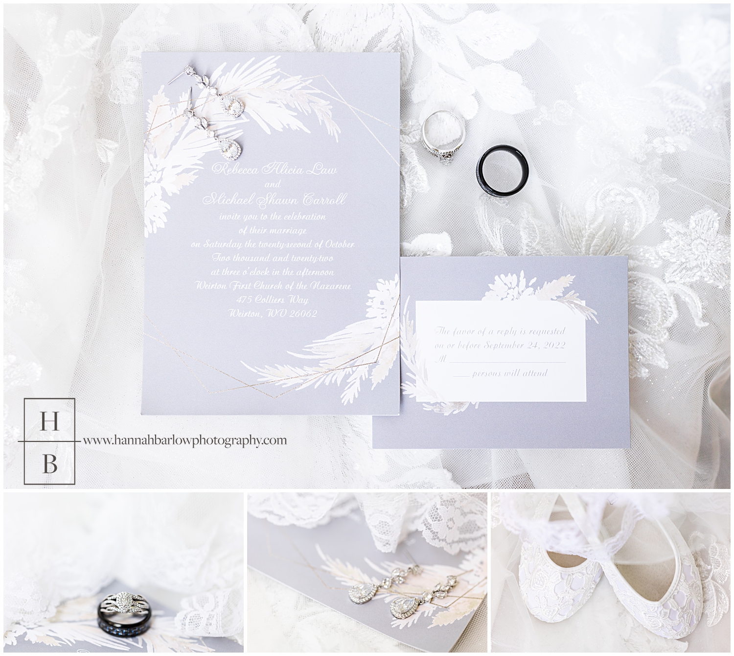 White and Grey Wedding Invitation and Bridal Details