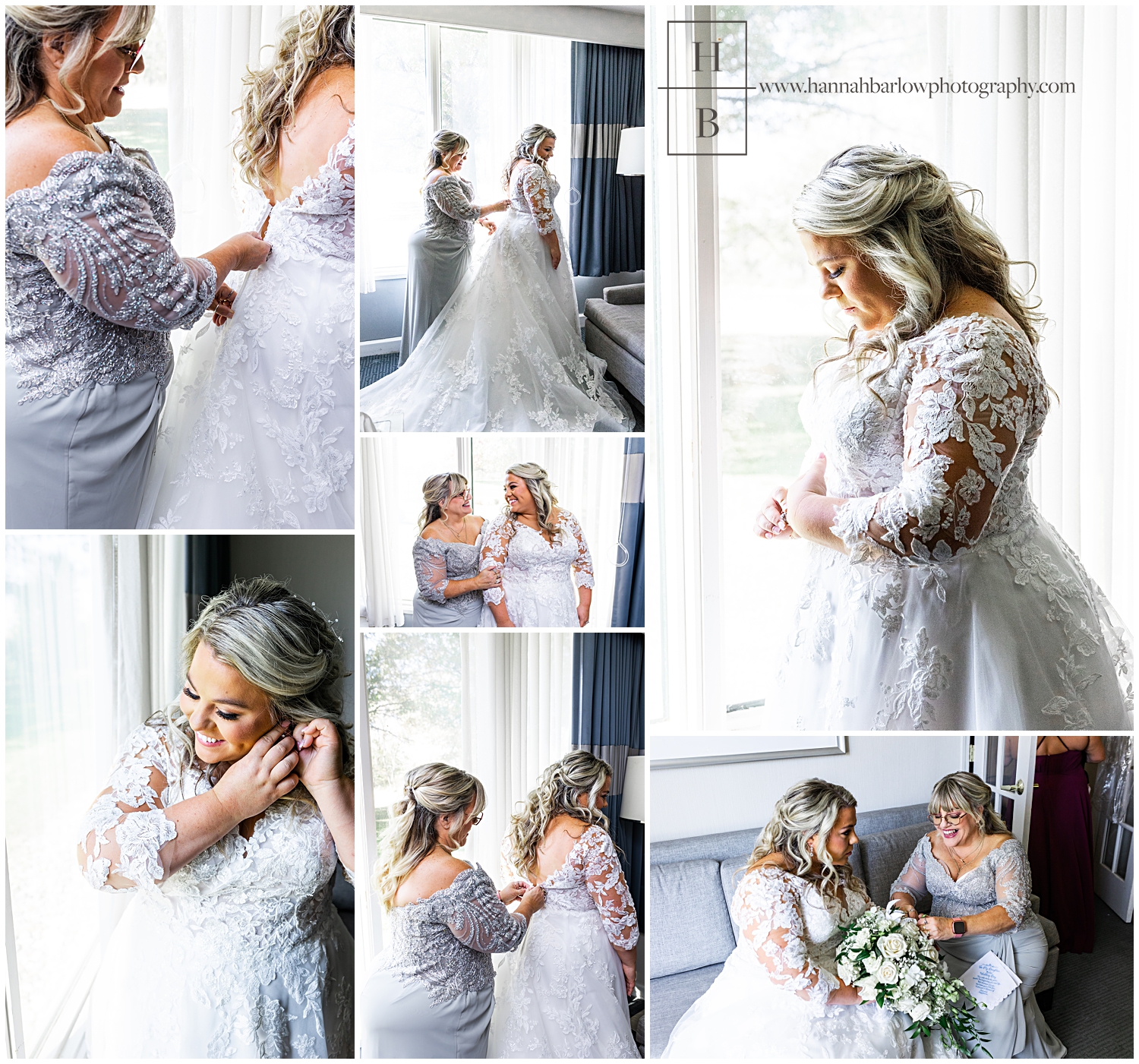 Bride Getting Dressed by Window with Her mom Helping