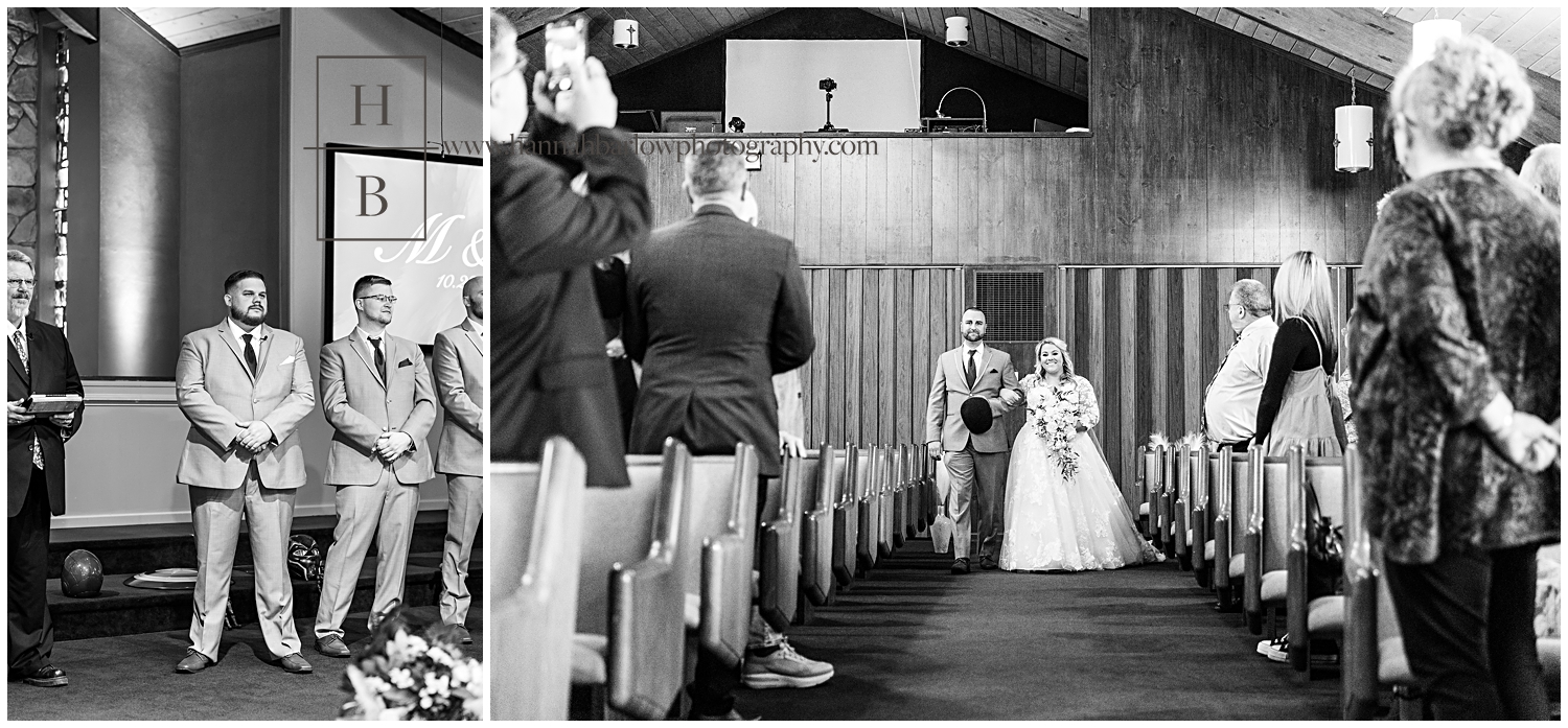 Black and White Photos of Groom's Reaction to Bride Coming Down Aisle