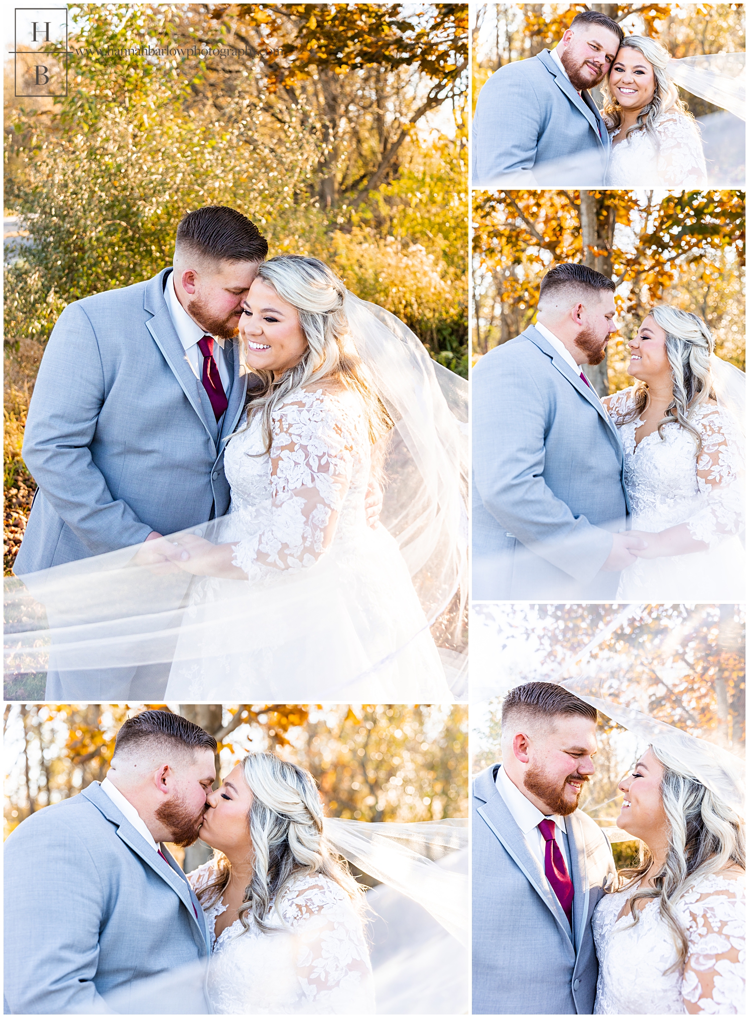 Bride and Groom portraits with fall background focusing on the veil