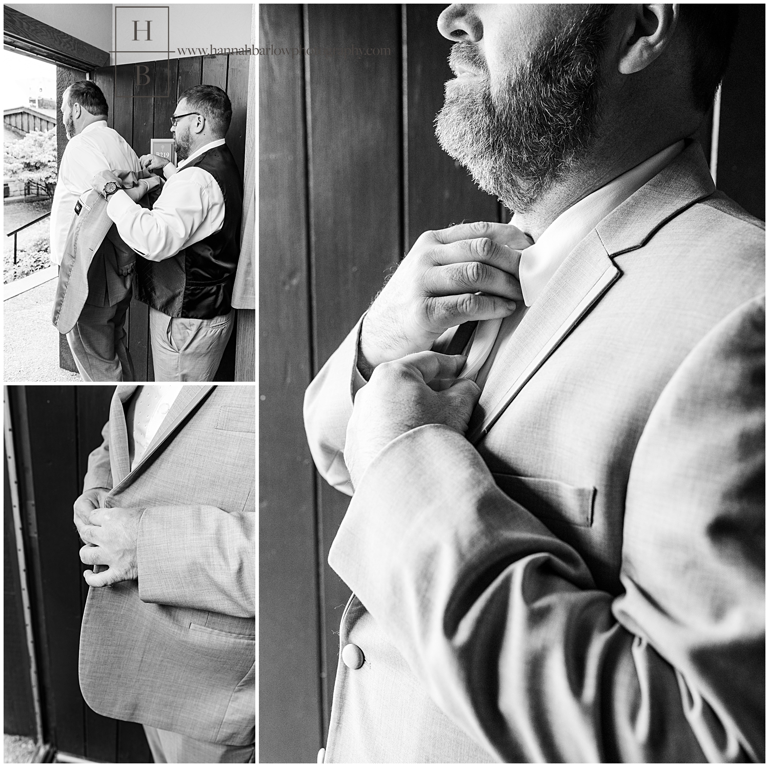 Black and White Photos of Groom Getting Ready by Door