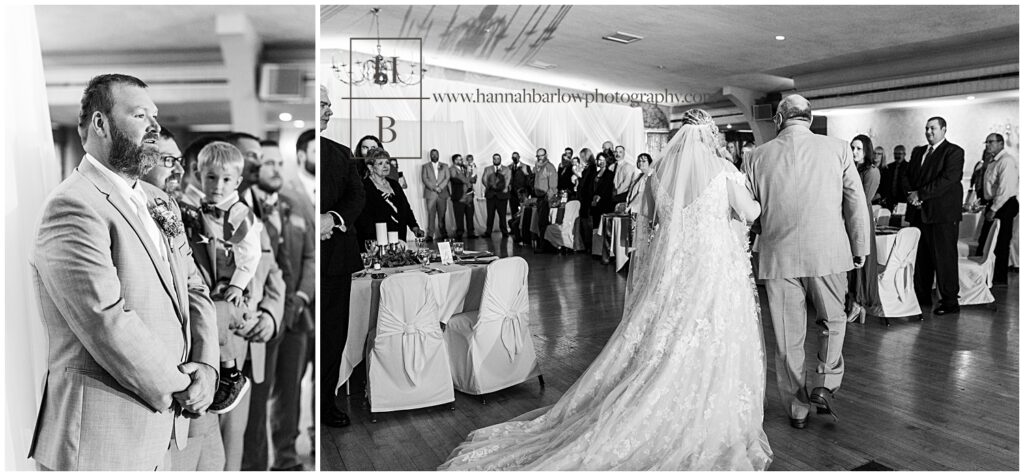 Black and White Photos of Bride Walking Down Aisle