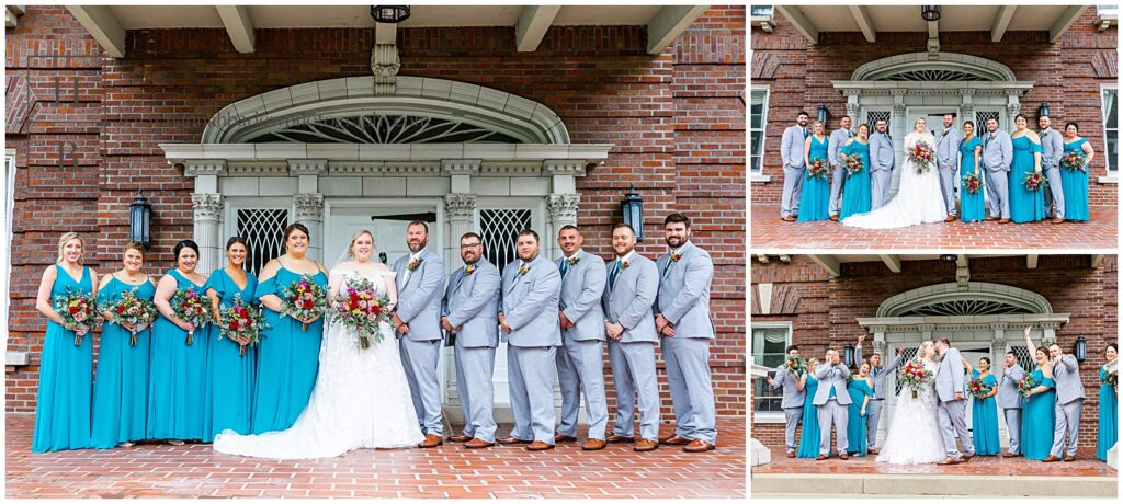 Full bridal party portraits with men in grey and women in teal