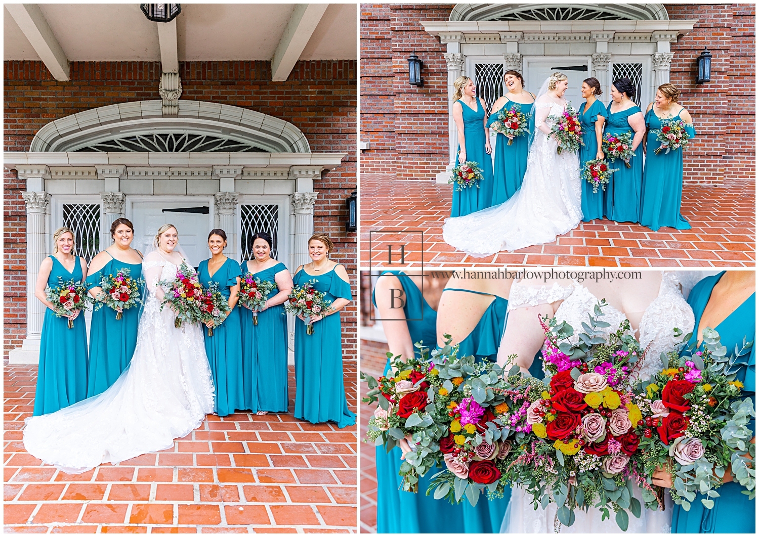 Bride and bridesmaids in teal dresses posing for photo