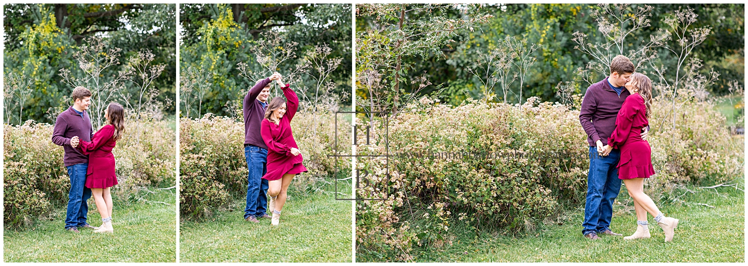 Couple dancing and spinning for engagement photos