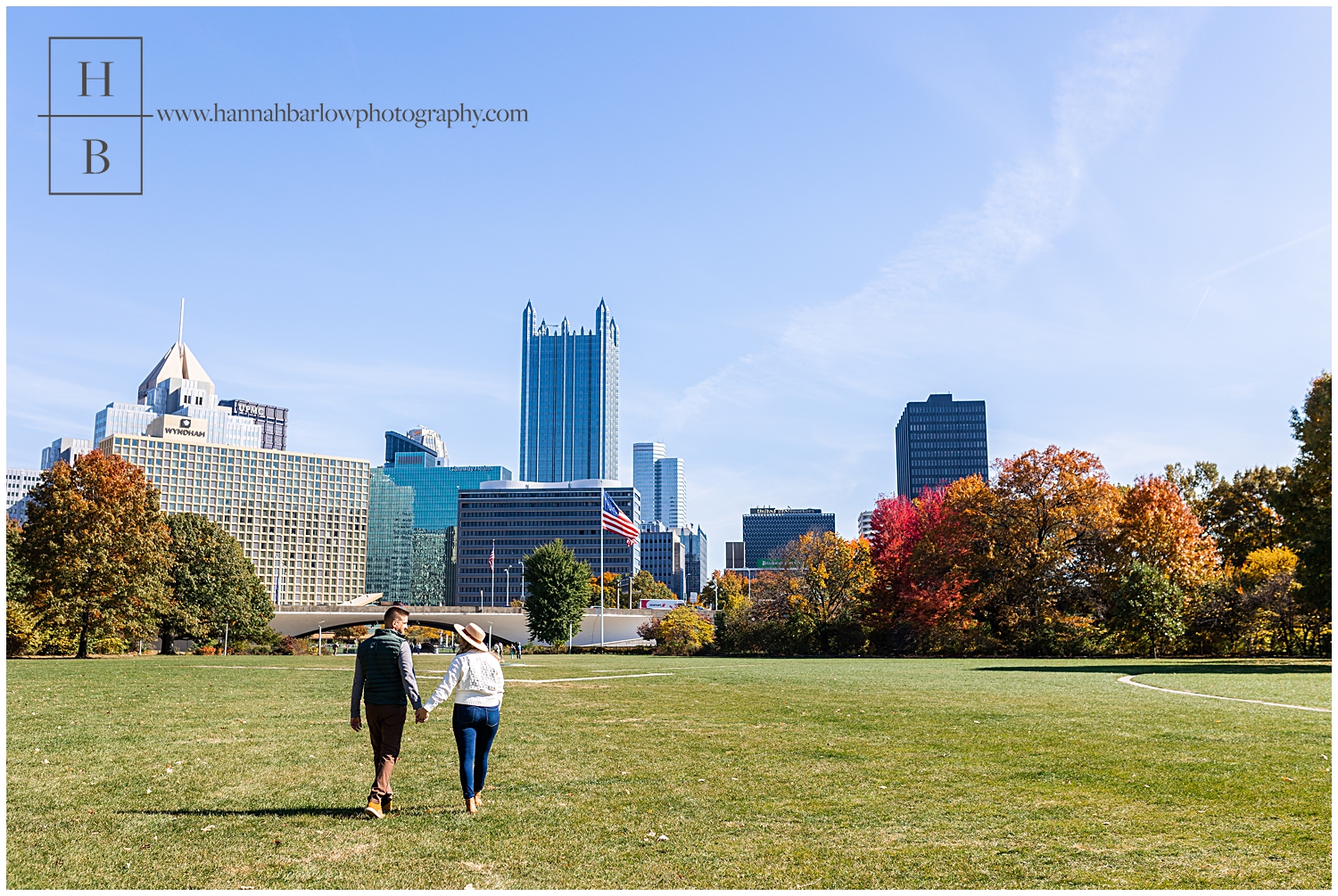Couple walking toward the city of Pittsburgh PA