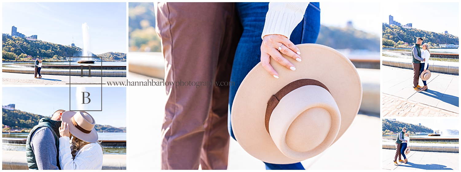 Close up photo of engagement ring on hand holding hat