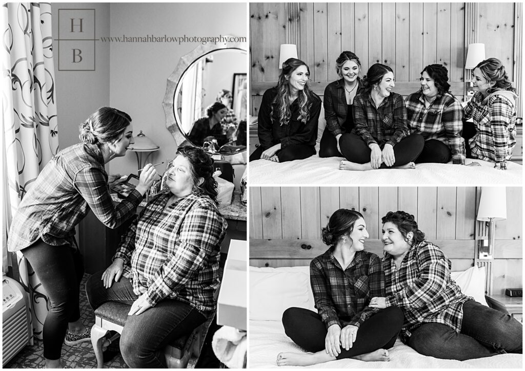 Black and white photos of bridal party members in flannel tops posing with bride.